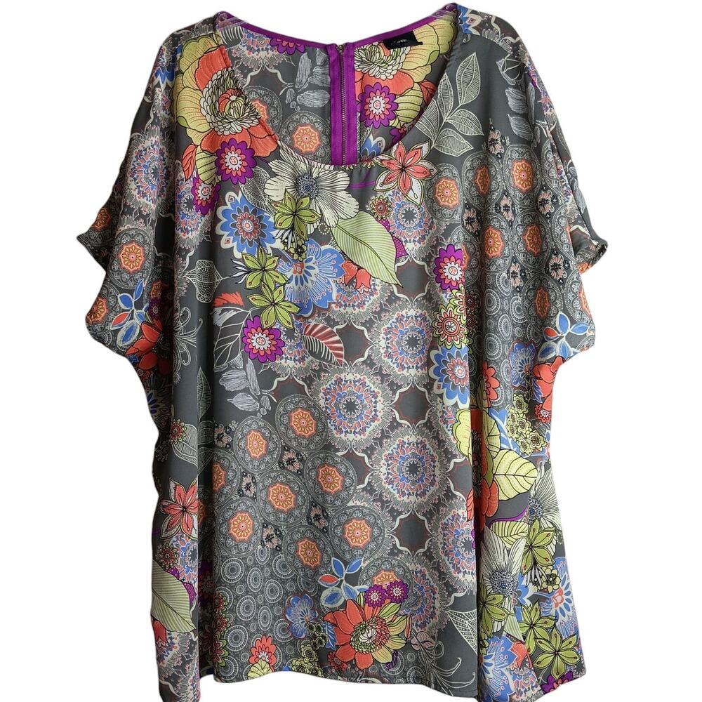 BOBEAU Blouse Long‎ Tunic Top Plus Size 2X Kimono Floral Garden Novelty Print